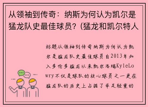 从领袖到传奇：纳斯为何认为凯尔是猛龙队史最佳球员？(猛龙和凯尔特人比赛录像)